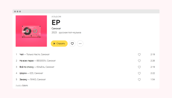 
                    «Чай английский, зефирки, напитки, сосиски»: «Самокат» выпустил музыкальный альбом 

    
        Статьи редакции
            

            