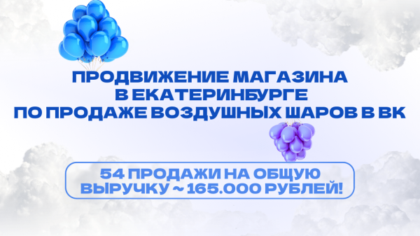 Кейс: продвижение магазина в Екб по продаже воздушных шаров в ВК. 54 продажи на общую выручку ~ 165.000 рублей!
Кейс: продвижение магазина в Екб по продаже воздушных шаров в ВК. 54 продажи на общую выручку ~ 165.000 рублей!
