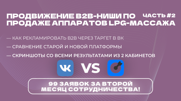 
                    Кейс ВК: Масштабирование B2B ниши аппаратов LPG-массажа: 99 лидов за второй месяц!            