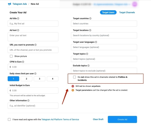 ⚡️В Telegram Ads появилась возможность исключить показы в Политических каналах
⚡️В Telegram Ads появилась возможность исключить показы в Политических каналах